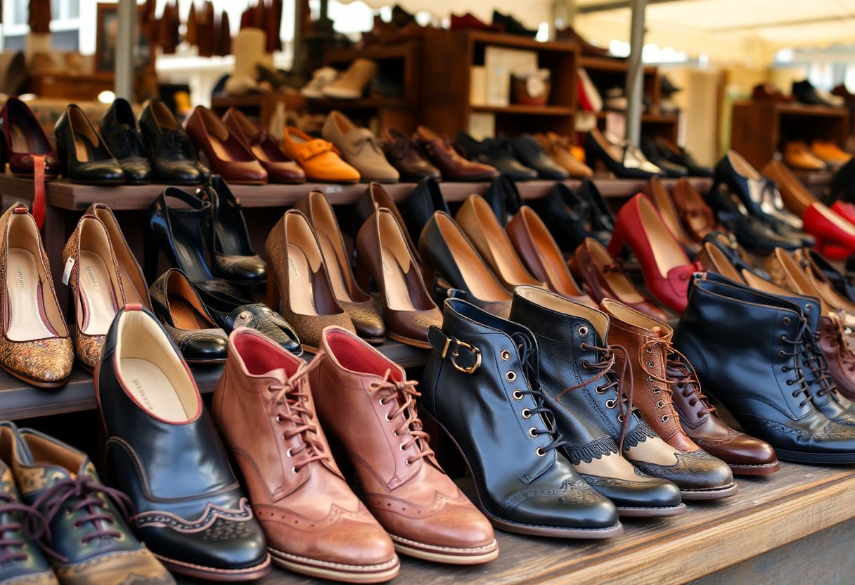 Vintage shoes displayed at a market